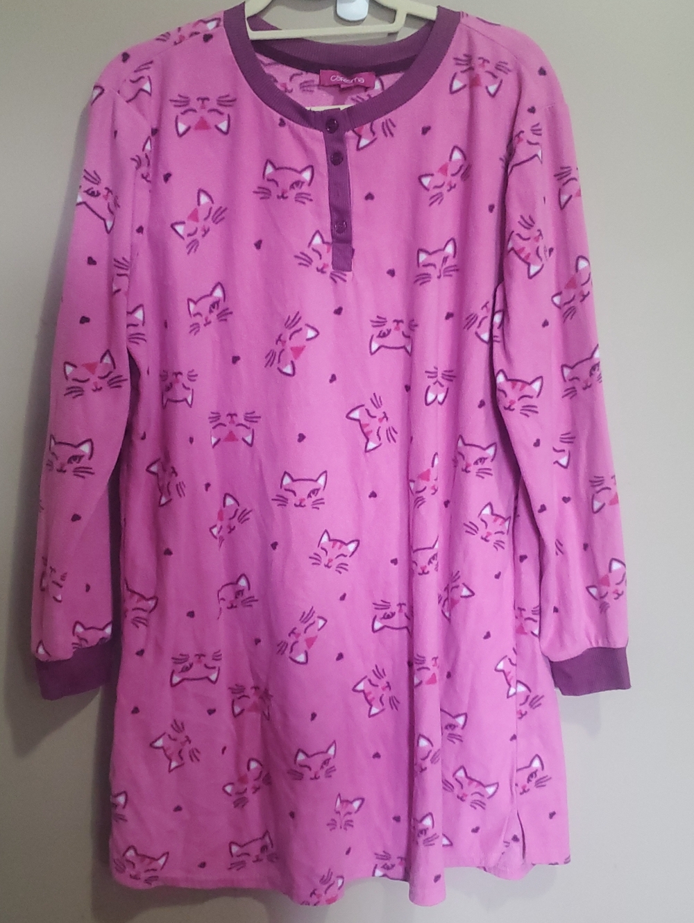 Charisma Pink Cat-Print Long Sleeve Nightgown with Purple Trim Size Large